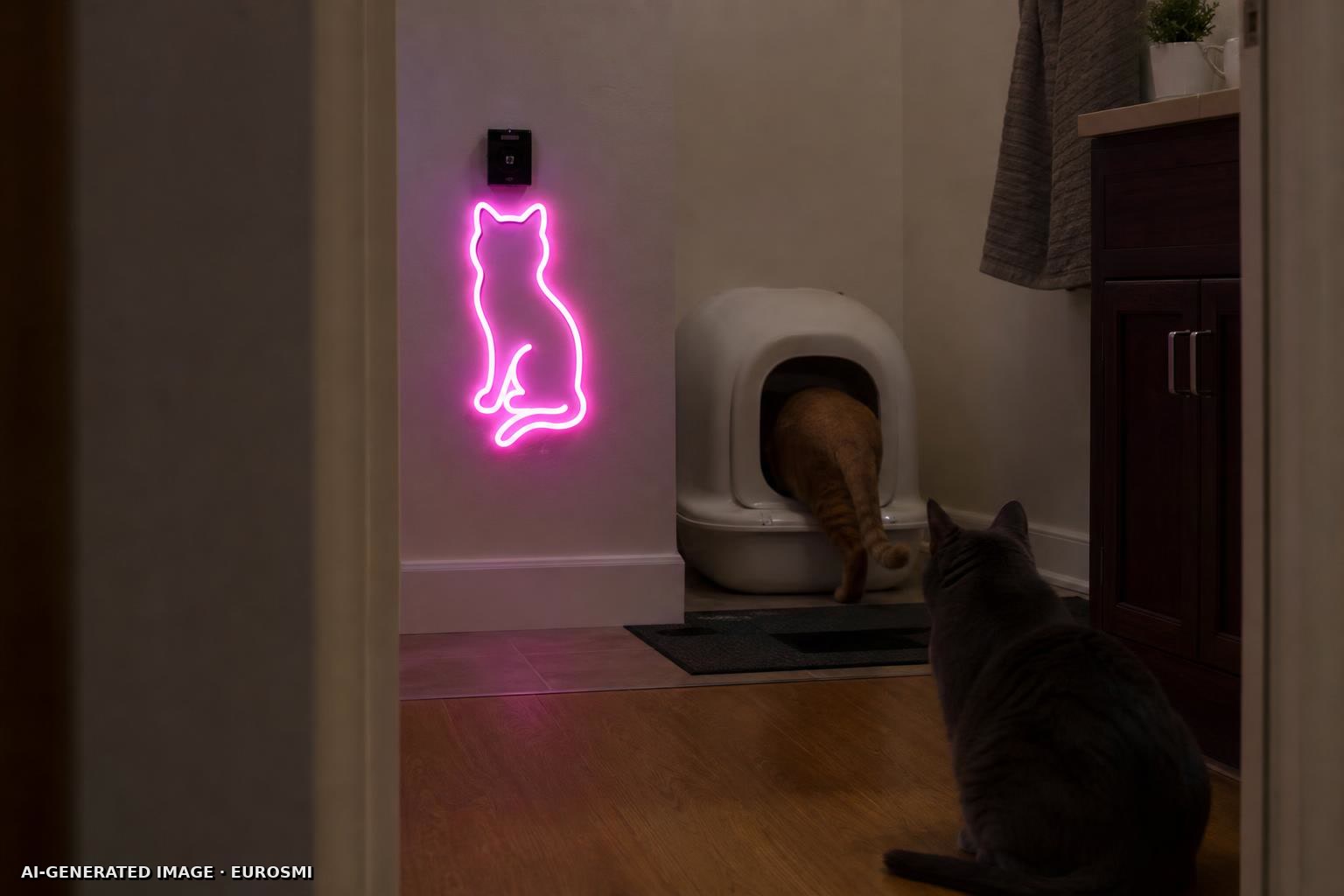 I ruined my cats’ toilet time with a motion-activated neon litter box sign