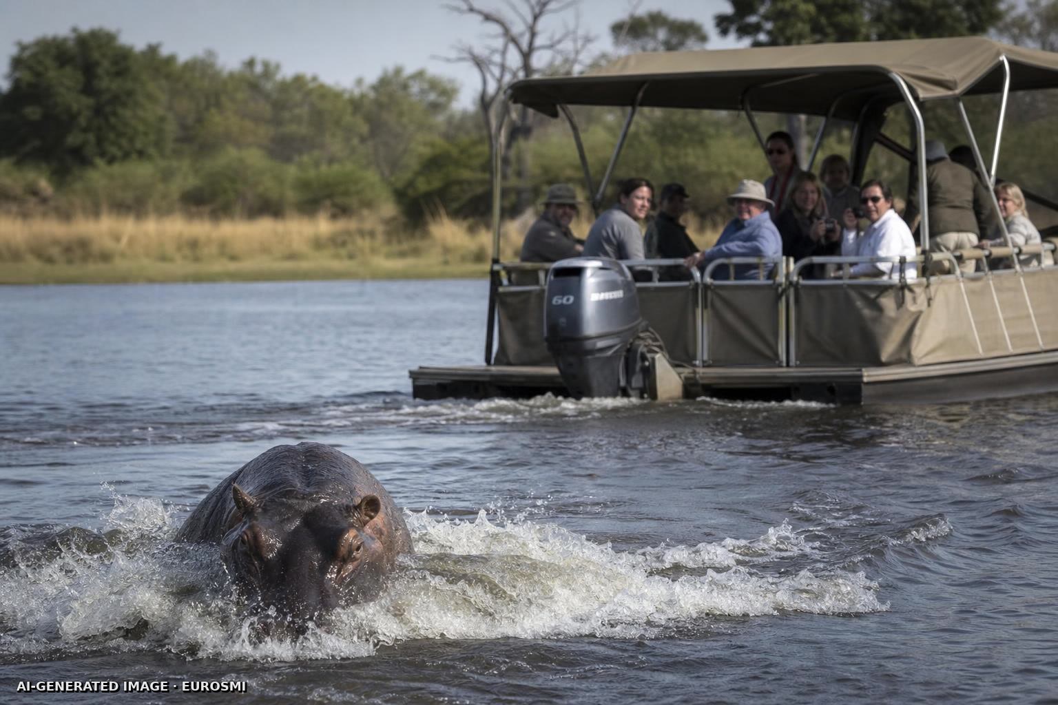 Hippo chases tour boat in Botswana